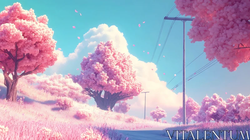 Dreamy pink cherry blossom road drifts into pastel skies