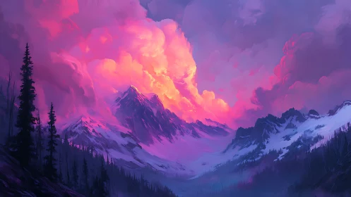 Snow-covered mountain range sits beneath dense pink clouds