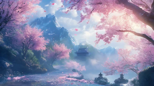 Mountain valley with cherry blossoms and distant temple.