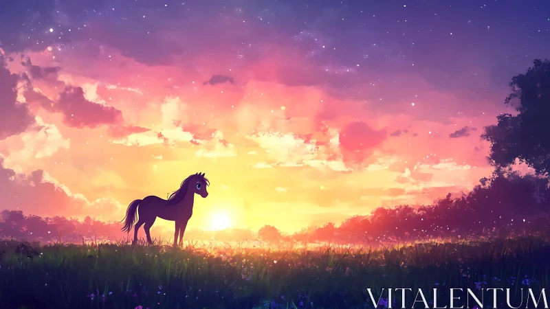 Silhouetted cartoon horse stands in meadow against glowing sunset