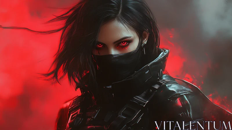 Cybernetic assassin portrait with red volumetric backlight and smoke