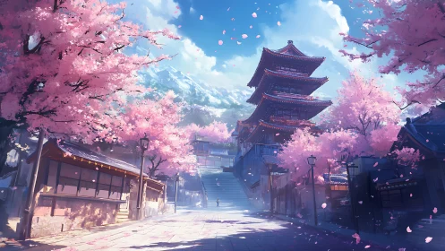 Pagoda under cascading sakura with luminous mountain sky.