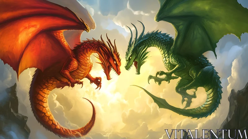 Opposed red and green dragons over backlit clouded sky.