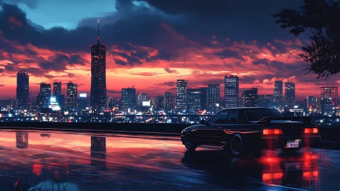 Neon dusk skyline and lone street racer on wet city asphalt.