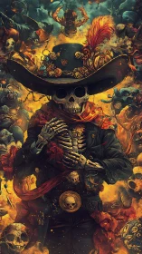 Skeleton gunslinger amid blazing skull storm tableau.