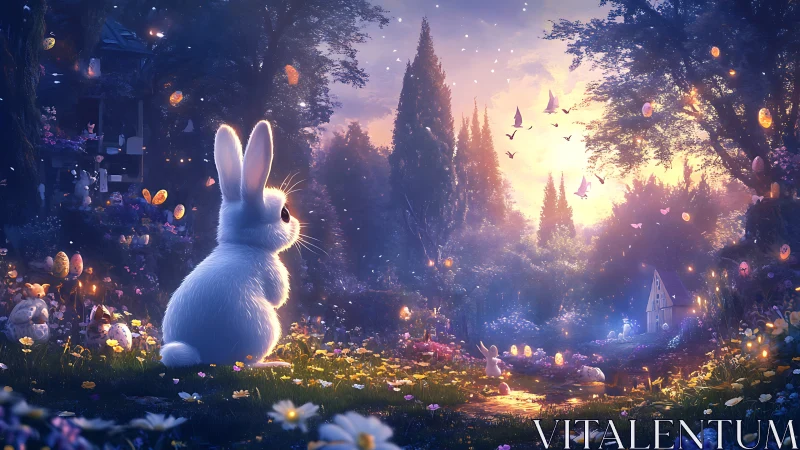 White rabbit watches glowing forest at pastel sunset.