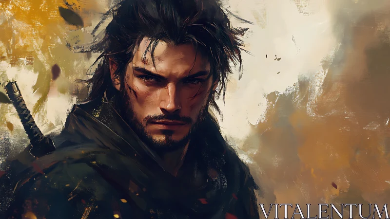 Brooding samurai portrait rendered in dynamic digital brushwork