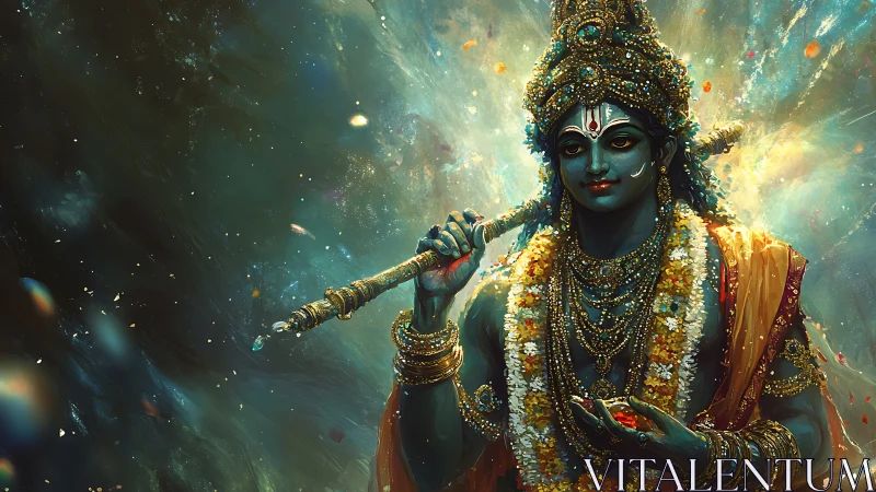 Divine blue deity holds golden flute amid cosmic light