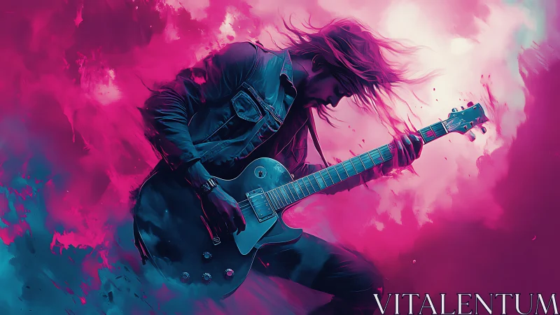 Electric guitarist dives into neon sound and swirling color energy