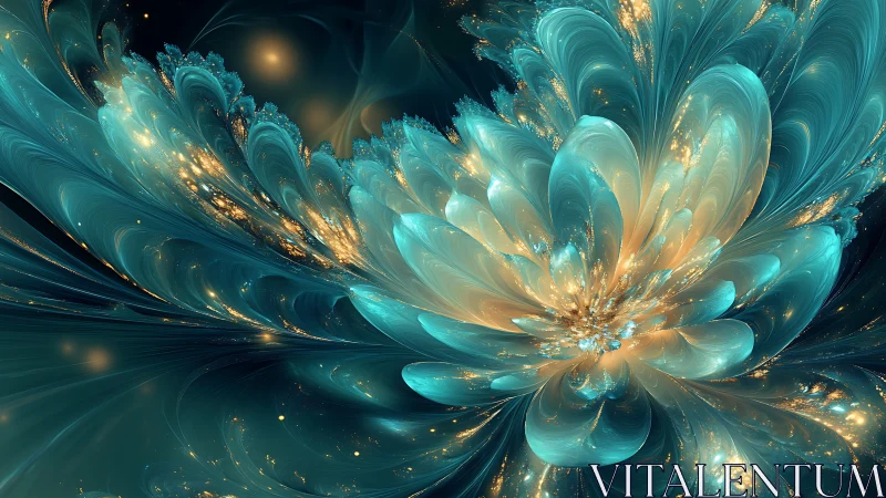 Fractal teal and gold abstract floral energy composition.