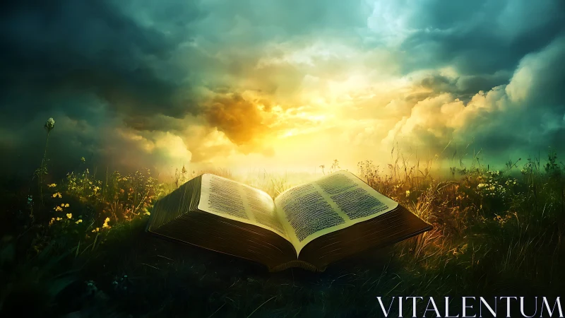 Sunlit meadow scriptures opening a luminous skyward gateway.