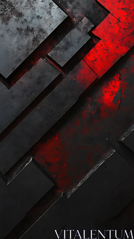 Angular steel slabs with distressed red industrial overlay