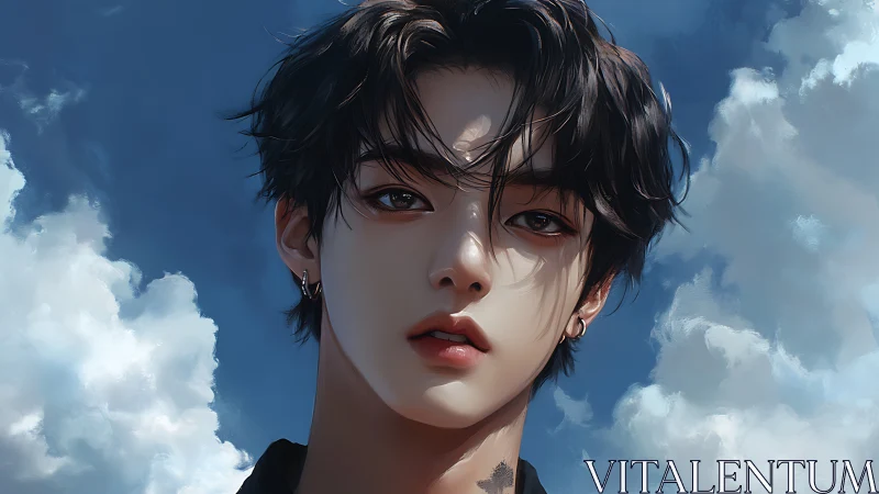 Sky-dazed dreamer gazes upward with soft electric calm.