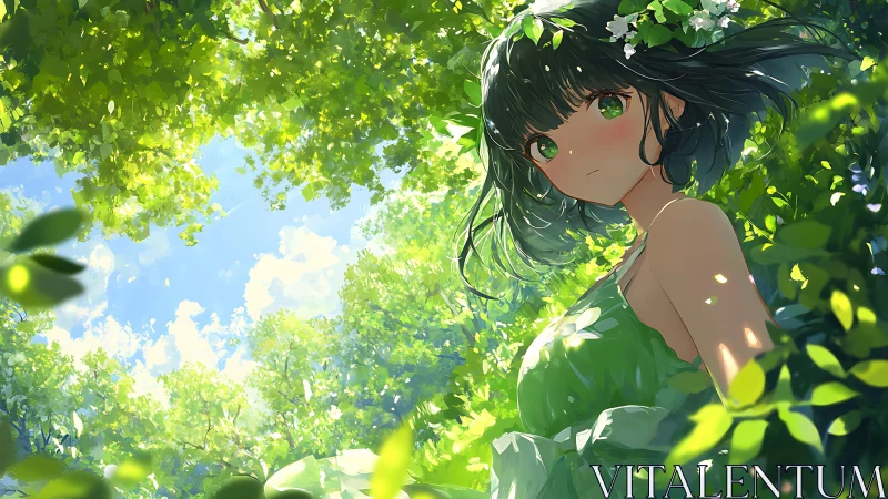 Forest canopy crowns a quiet girl in sun-splashed greens
