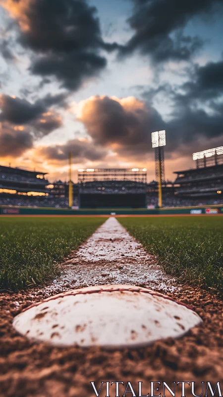 Low-angle baseball field line under dramatic sunset sky.