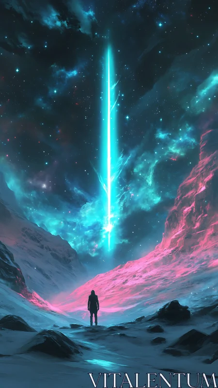 Solitary explorer watches radiant cosmic beam split the sky