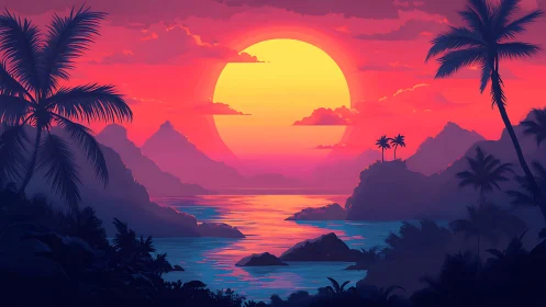 Tropical island coastline under stylized sunset sky.