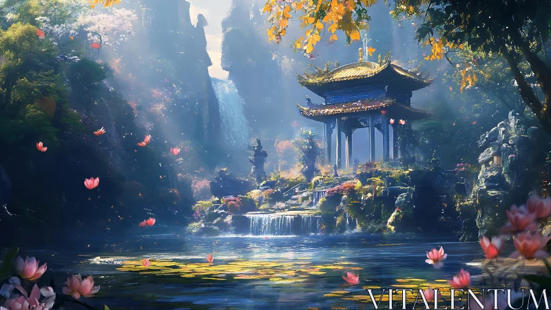 Serene lakeside temple stands amid waterfalls and floating blossoms