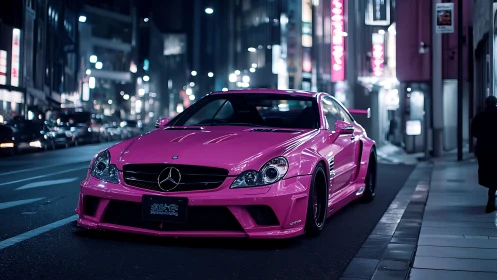 Pink modified Mercedes coupe parked on neon city street.