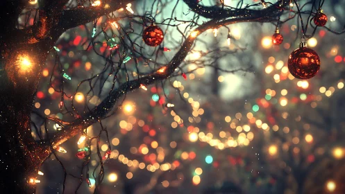 Winter tree with glowing Christmas lights and ornaments.