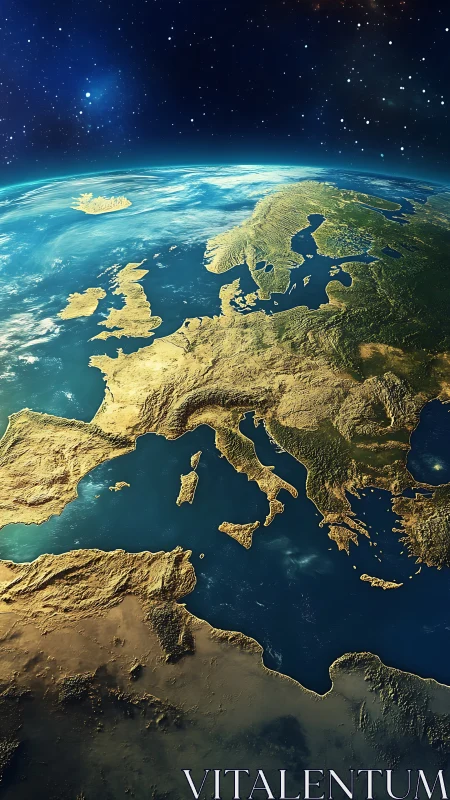 Satellite view reveals sunlit Europe and Mediterranean curvature