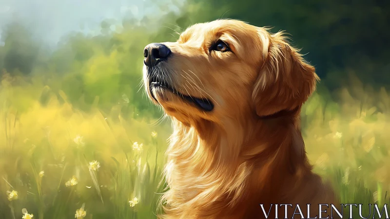 Golden retriever profile in sunlit meadow environment.