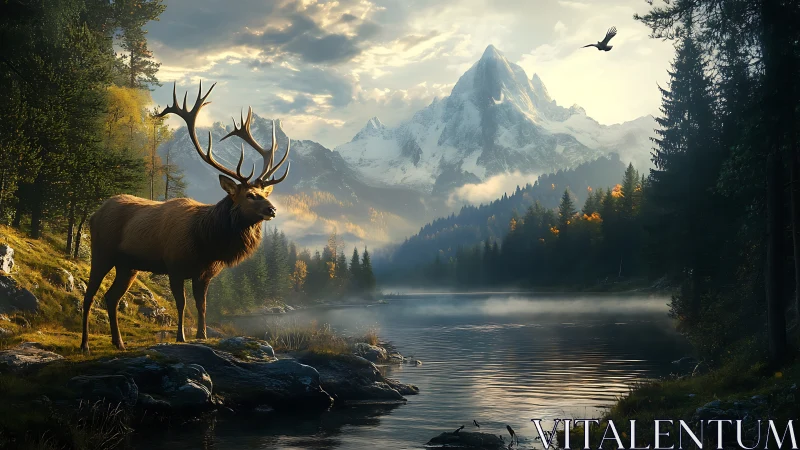 Morning light welcomes a proud stag by a misty mountain lake