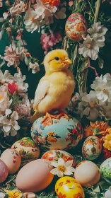 Easter chick stands over floral painted eggs and blooms.