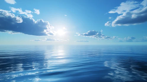 Gentle sunlit ocean opens into a calm, endless blue horizon