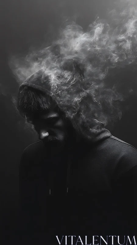 Hooded silhouette dissolves into stormy ghostlike smoke.