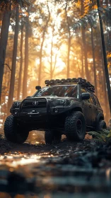 Off-road Toyota SUV stands on muddy forest trail at sunrise