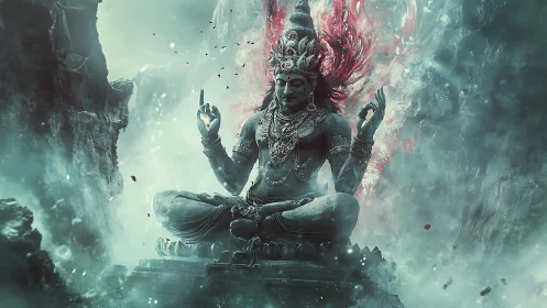 Mythic deity sculpture levitates amid turbulent ethereal mist