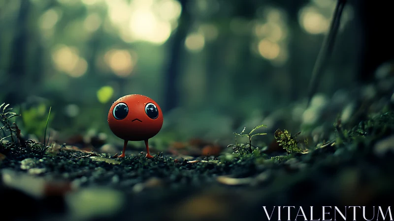 Small red creature stands alone in misty forest floor