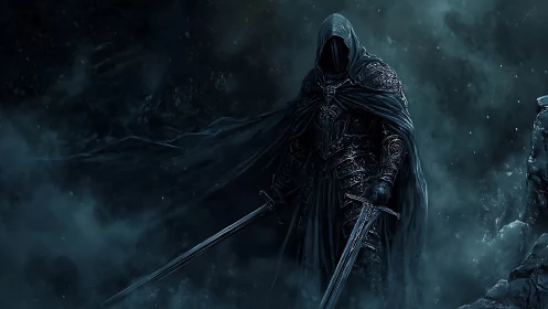 Hooded death knight in stormy mist with twin swords poised.