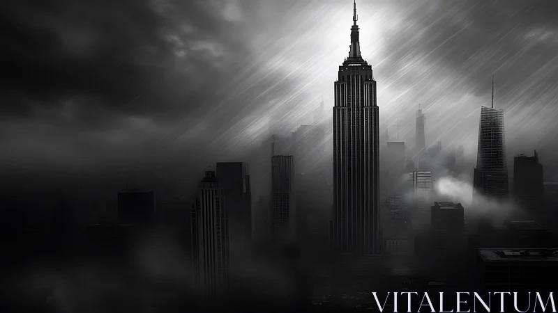 Dark skyscraper skyline stands under heavy diagonal rain