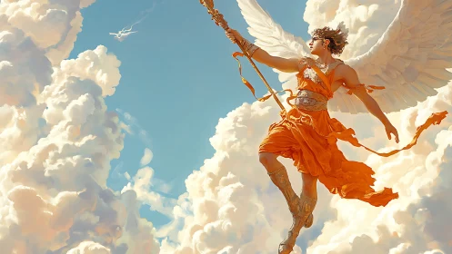 Winged celestial figure ascends through sunlit cumulus clouds