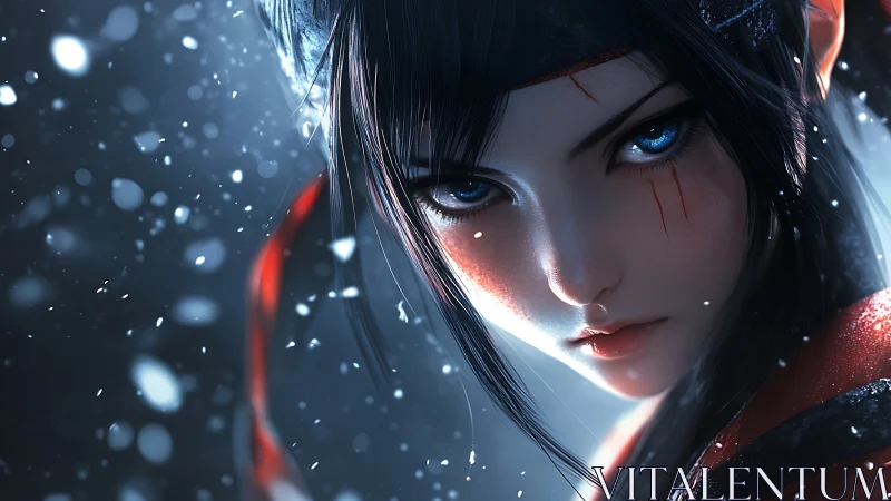 Snowlit warrior close-up with high-contrast anime rendering.