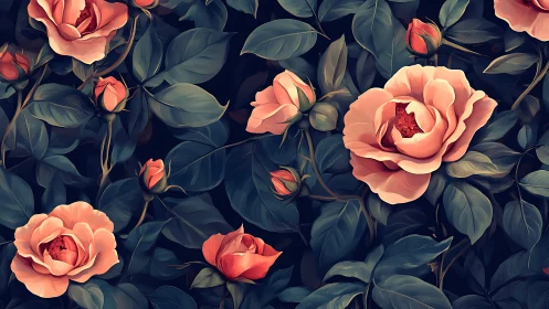 Coral Roses with Foliage Against Deep Navy Background