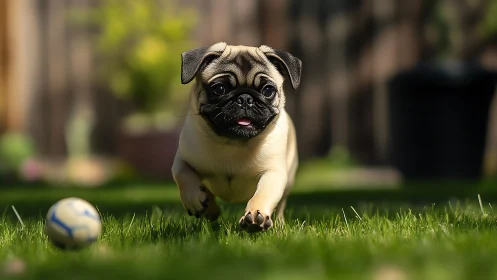 Playful pug puppy sprinting toward camera in sunlit yard.