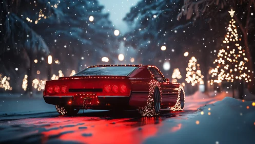 Red sports car glows with festive lights on snowy street.