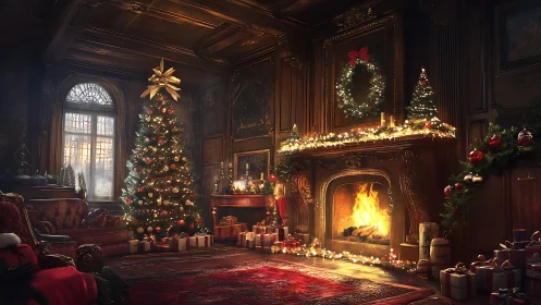 Grand Christmas salon glows with fireplace and tree