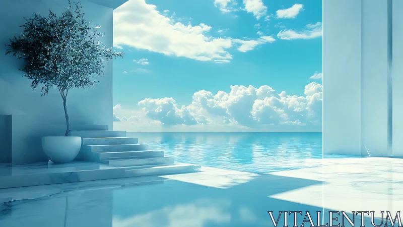 Minimalist Interior Overlooking Serene Seascape with Cloud-Filled Sky