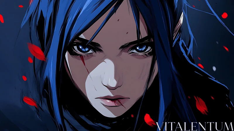 Storm-eyed warrior elf framed in falling crimson petals.