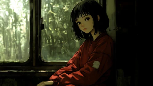 Quiet train ride holds a thoughtful girl in a red jacket