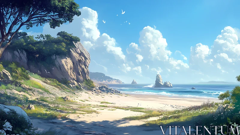 Coastal Sanctuary: Where Cliffs Meet Golden Shore.