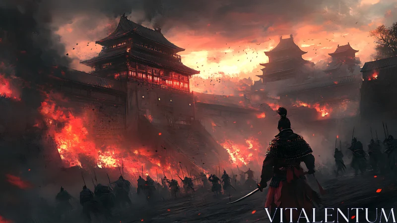 Samurai army storms burning fortress under red dusk sky.