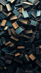 Hardcover books cascade in dense geometric abstraction.
