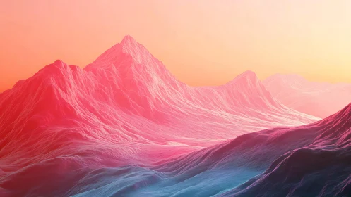 Iridescent neon mountains under gradient pastel sky.