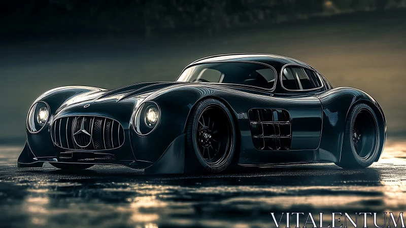 Streamlined dark coupe is rendered in cinematic side view