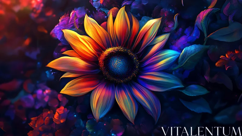 Neon Sunflower. Vibrant Digital Bloom Against Dark Cosmos.